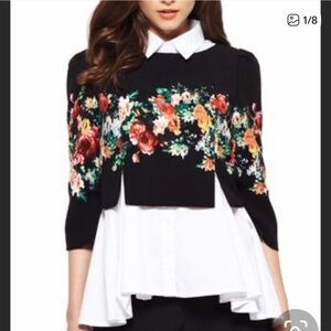 Gracia Black Floral Print Cropped Blouse Large